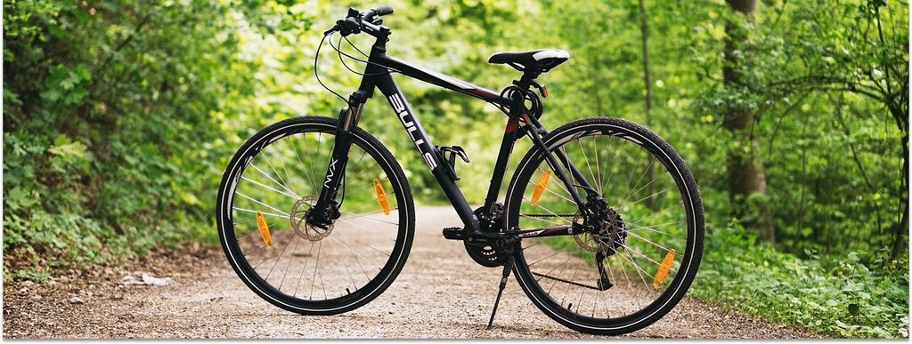Ein schwarzes Fahrrad mit Diamantrahmen steht auf einem Waldweg, der links und rechts umsäumt ist von einem grünen Blätterwald