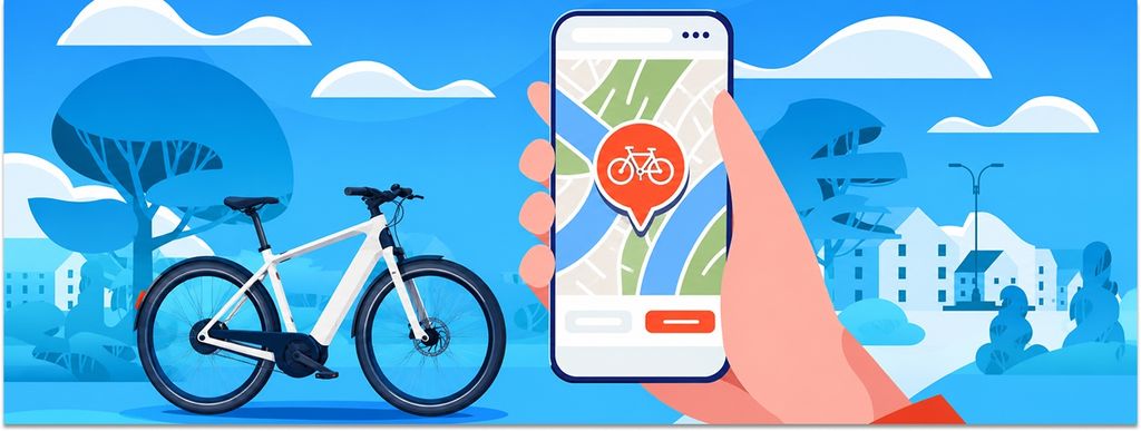 Grafik: eine Hand hält ein Smartphone, auf dem ein Fahrradsymbol in einem Stadtplan angezeigt wird. Dahinter eine Stadtlandschaft, links steht das gesuchte (?) Fahrrad.