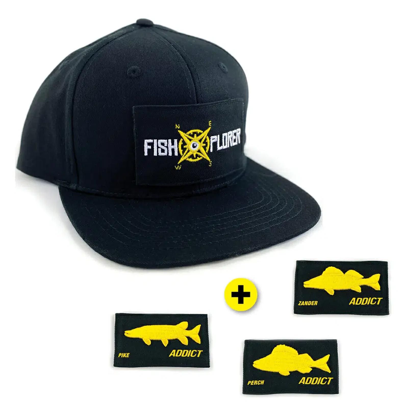Mützen und Caps FishXplorer Set-Snapback Cap Wasser- & Uv Resistent Schwarz mit 4 Patches: Fishxplorer, Hecht, Barsch, Zander