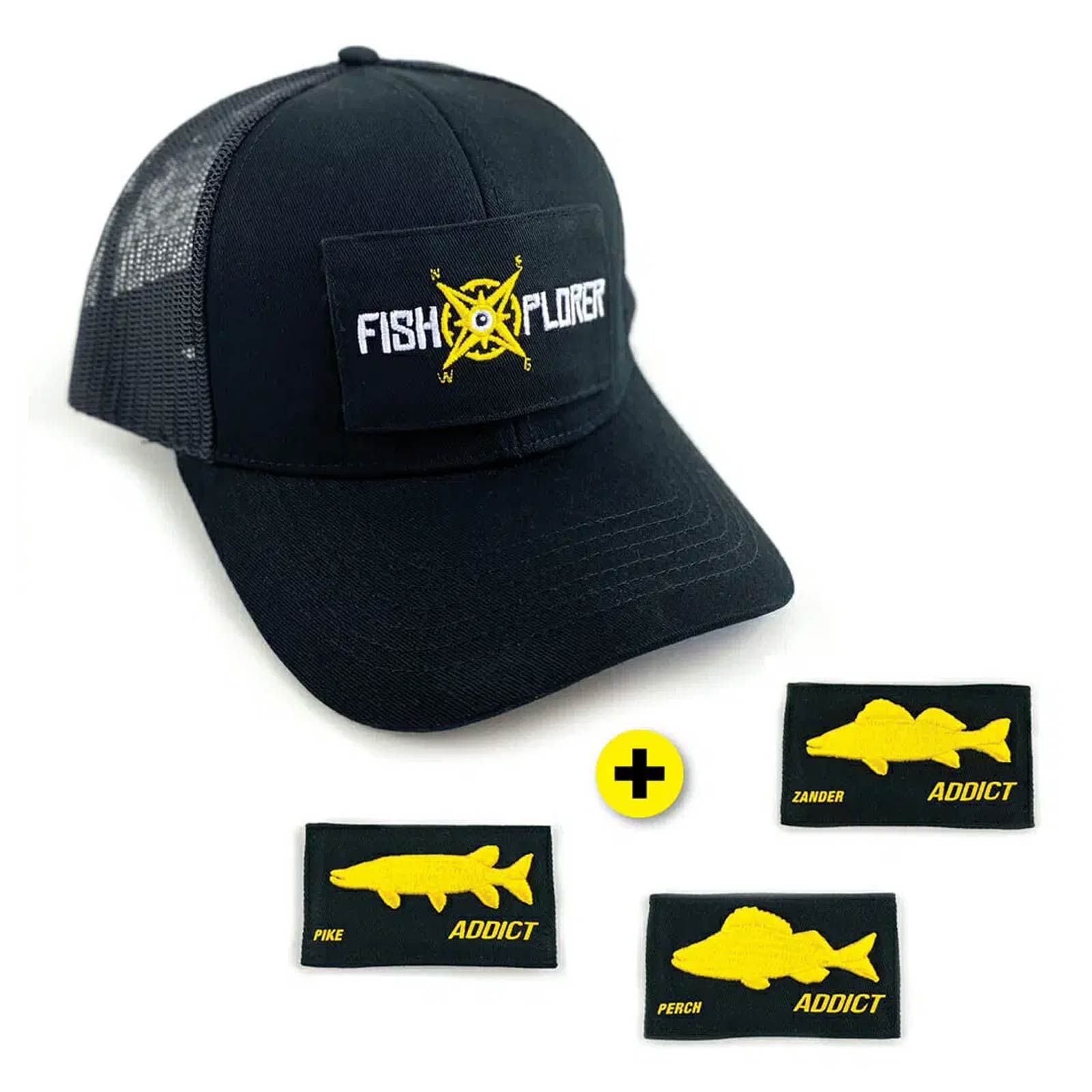 Mützen und Caps FishXplorer Set-Trucker Cap Wasser- & Uv Resistent Schwarz mit 4 Patches: Fishxplorer, Hecht, Barsch, Zander